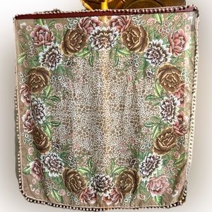 SHEER MULTICOLOR PEONIES & LEOPARD PRINT Scarf/Shawl 36“ X 36“ Woven fuzzy trim